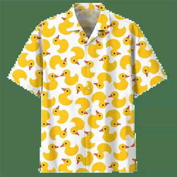 Гавайские рубашки Little Yellow Duck Женская одежда Street Y2k с 3D принтом Персонажей, рубашка с короткими рукавами, Рубашки для девочек с отворотом топа
