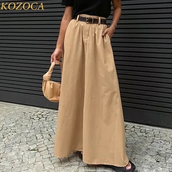 Kozoca, Новая уличная юбка, Простое повседневное женское платье средней длины цвета хаки, Элегантное дизайнерское офисное женское платье трапециевидной формы