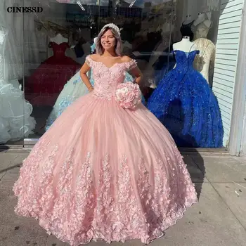 Роскошное Новое Розовое Пышное платье С блестками, Аппликацией из бисера, 3D Цветами, коротким рукавом, Бальным платьем Vestidos De Fiesta