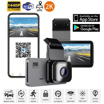 Автомобильный видеорегистратор WiFi GPS Dash Cam Видеомагнитофон с приводом 1440P, Видеорегистратор с двумя объективами, черный ящик, циклическая запись ночного видения, Мониторинг парковки