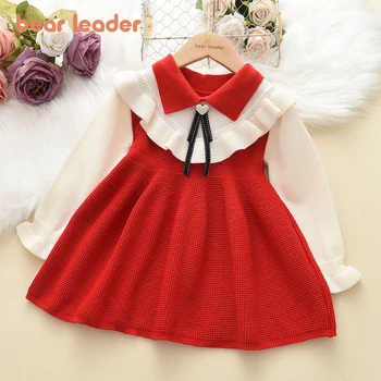 Bear Leader Осенне-зимнее платье для девочек Для девочек 2-6 лет, праздничный свитер принцессы, вязаное платье, Рождественский костюм, одежда для маленьких девочек