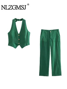 Комплект Nlzgmsj TRAF - жилет + брюки, Женские зеленые брючные костюмы, Элегантный брючный костюм, женские повседневные деловые комплекты из двух предметов