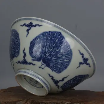 Китайская чаша из сине-белого фарфора Ming Chenghua с рисунком павлина 5,70 дюйма
