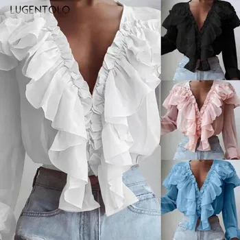 Женская шифоновая блузка с оборками, Однотонные летние весенние топы с длинным рукавом и V-образным вырезом, Элегантный повседневный пуловер, Свободные блузки