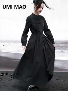 UMI MAO Темно-черное платье-рубашка Heavy Industry Элегантное Осеннее Женское платье 2023 года New Show Body French Skirt Femme