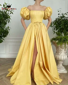Длинные вечерние платья из атласа желтого цвета с карманами, винтажные вечерние платья в пол с квадратным воротником, трапециевидные, без спинки, вечерние платья IO26