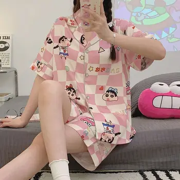 Нижнее белье, пижамный комплект Kawaii Crayon Shinchan, Пижама Ice Silk, женский летний повседневный комплект домашней одежды