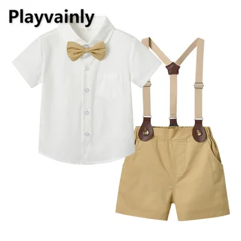 Летний джентльменский комплект для мальчика в корейском стиле, однотонная рубашка с отложным воротником и коротким рукавом + шорты на ремешке, детская одежда для сценического представления E2077