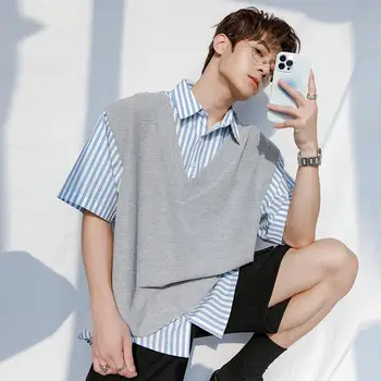 Модная мужская поддельная верхняя рубашка из двух частей с короткими рукавами, Летние повседневные уличные Свободные полосатые пуловеры, рубашки, мужская одежда