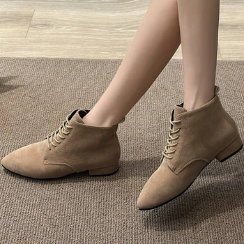 Женская обувь; Лидер продаж 2023 года; Зимние Женские ботинки до середины икры; Однотонные ботинки из Флока с острым носком на низком каблуке со шнуровкой; Zapatillas De Mujer