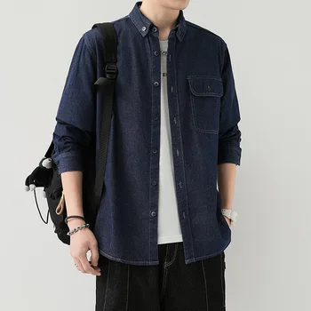 Мужская тонкая джинсовая рубашка с длинными рукавами, тренд мужской весенне-осенней корейской версии 2023 года, повседневная однотонная рабочая рубашка, куртка