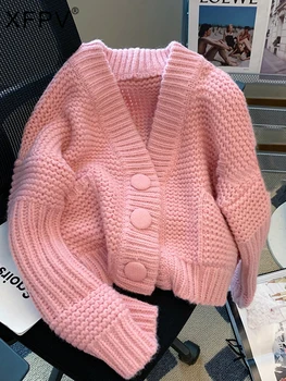 XFPV, женский свитер-кардиган в стиле пэчворк с длинным рукавом и V-образным вырезом, новинка осени 2023, повседневные однобортные женские вязаные пальто