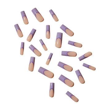 Длинные квадратные накладные ногти с фиолетовым краем во французском стиле, долговечный безопасный материал, водонепроницаемые накладные ногти для модных девушек, подходящие к платью.