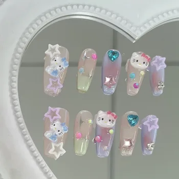 Пластырь для ногтей Hello Kitty Kawaii Sanrio, летний дофаминовый, сердечко Милой девочки, Съемная пластинка для ногтей с милым мультяшным рисунком, Креативная новинка