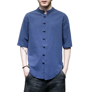 2023 Новая мужская рубашка Винтажная молодежная рубашка в стиле Шинуазри, Однотонный Универсальный воротник-стойка, рубашка на пуговицах с коротким рукавом