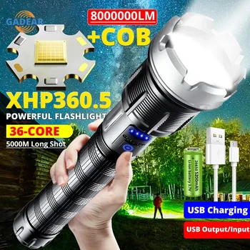 500000 Люмен XHP360-36core светодиодный фонарик Мощный факел USB Перезаряжаемая тактическая вспышка Power Bank Наружная лампа для кемпинга