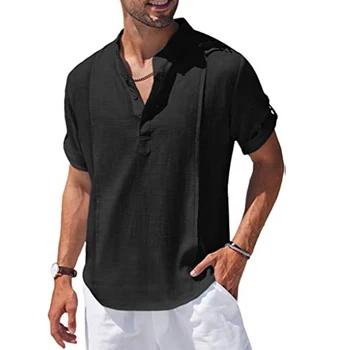 2023 Повседневная Мужская футболка со свободным воротником-стойкой, Летняя дышащая хлопковая льняная однотонная рубашка, футболка с длинным рукавом, Пуловеры, мужская одежда
